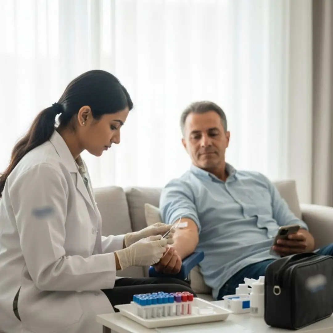 A phlebotomist collecting a blood sample during a mobile lab draw