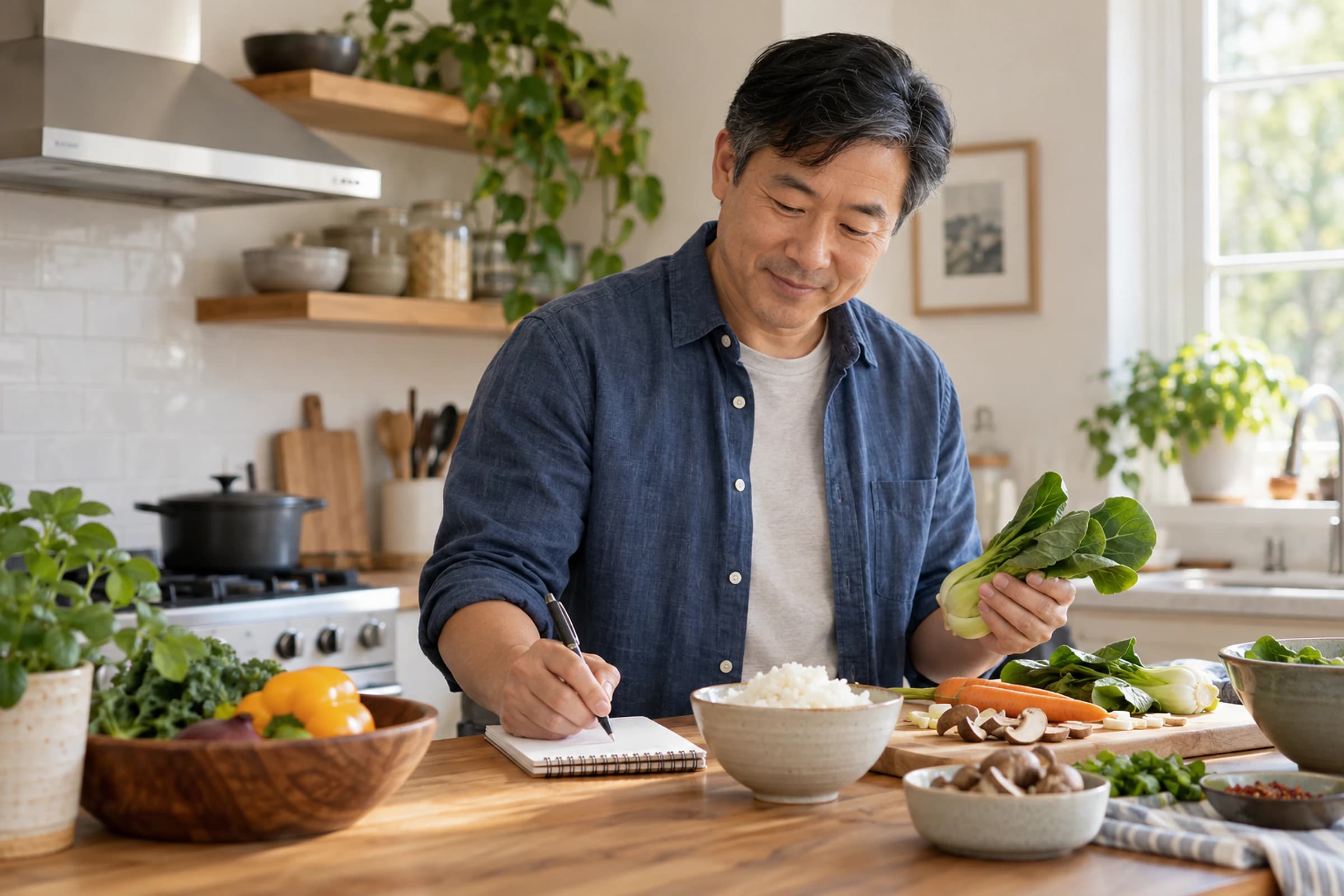 Man preparing a simple meal while keeping food notes
