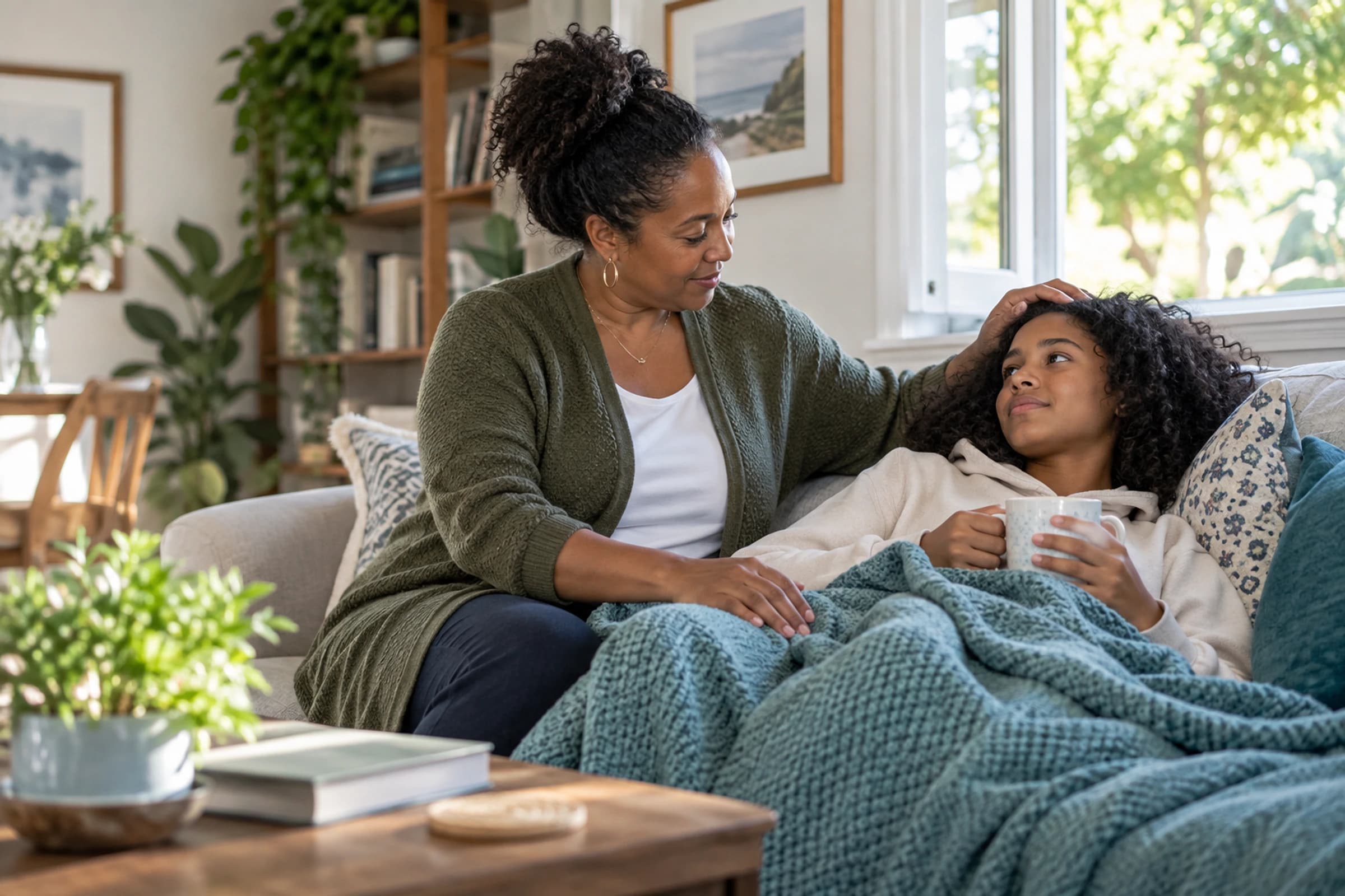 Mother caring for her resting teenage daughter at home