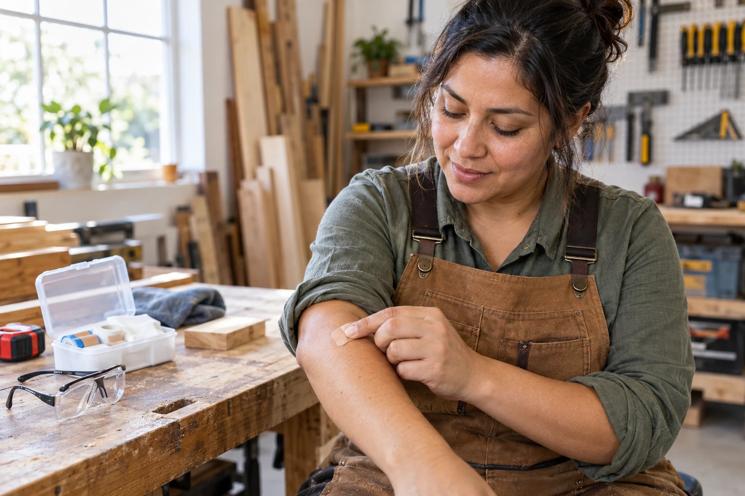 Carpenter placing a small bandage on her forearm in a workshop