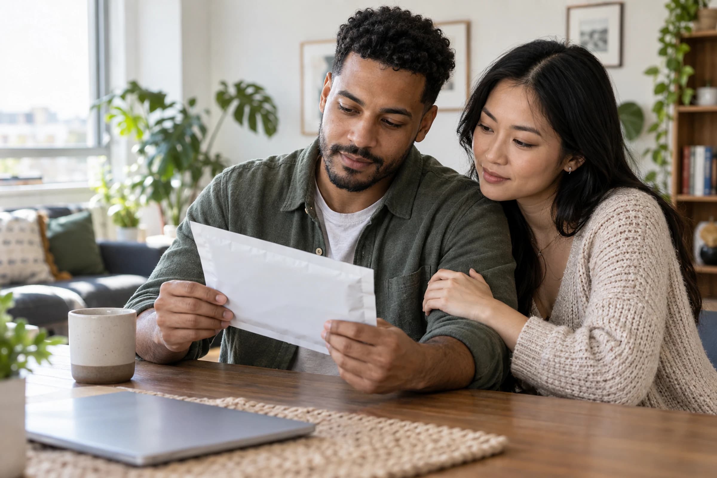 Couple reviewing a sealed testing envelope together at home
