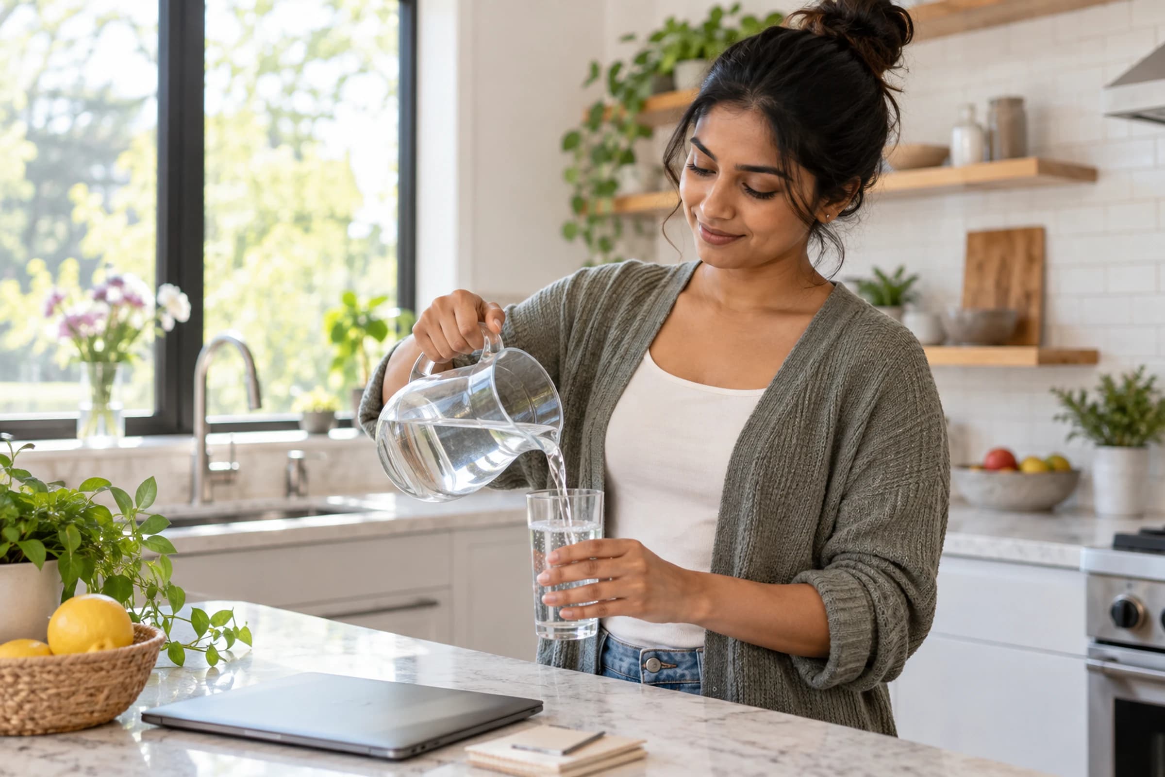 Woman pouring a glass of water in a sunlit kitchen