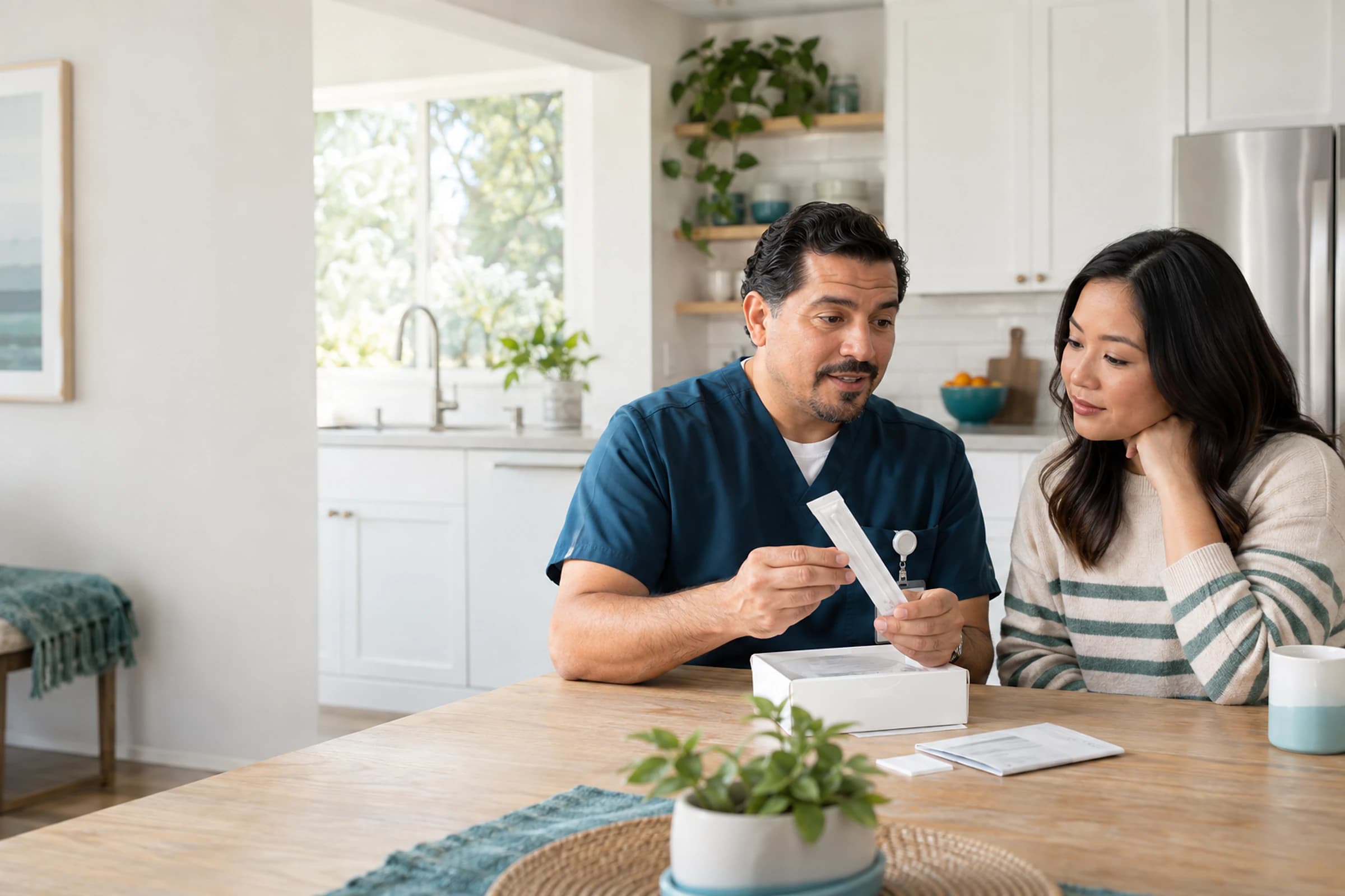 Nurse explaining a sealed home swab collection kit at a kitchen table