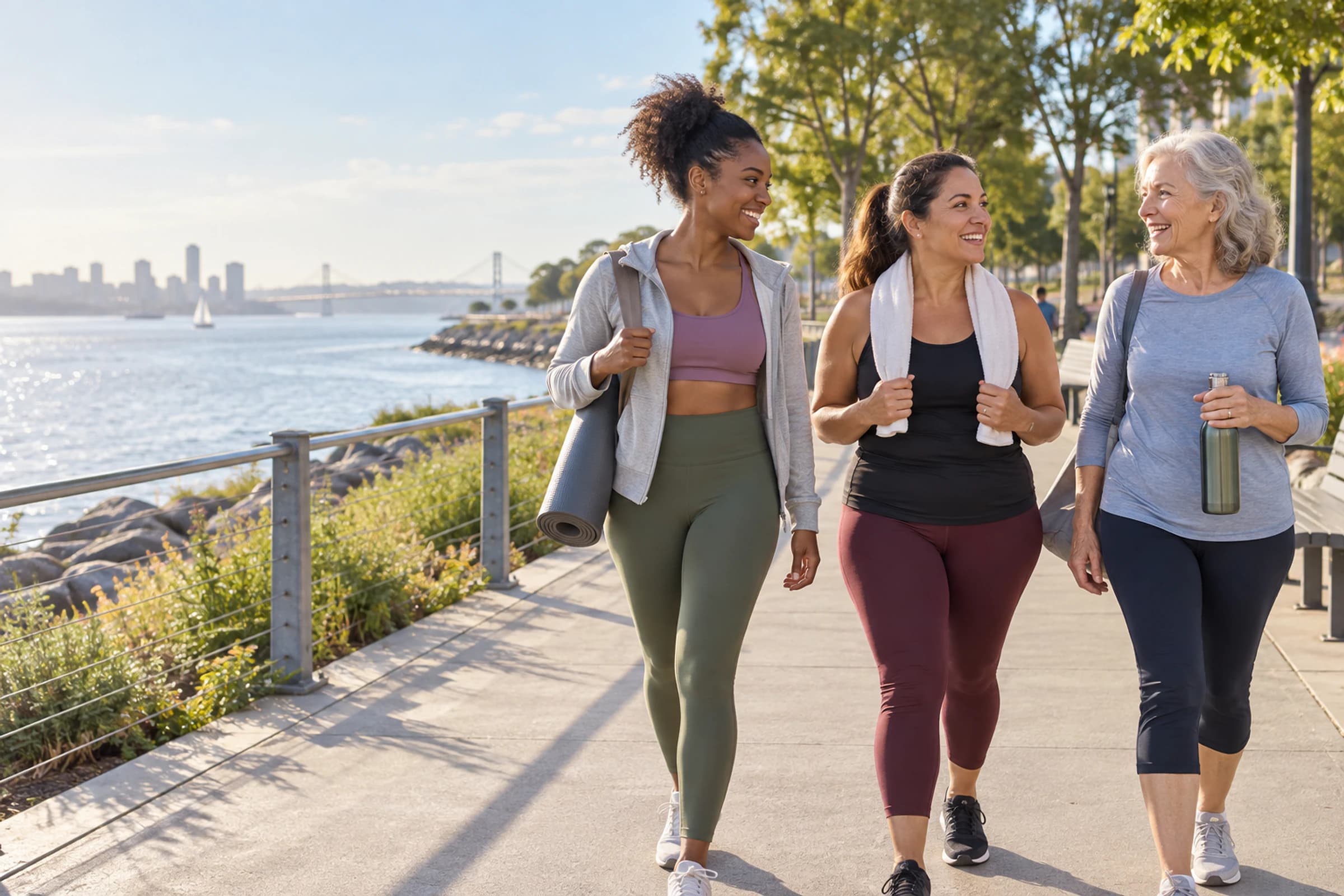 Three women from different generations walking along a waterfront