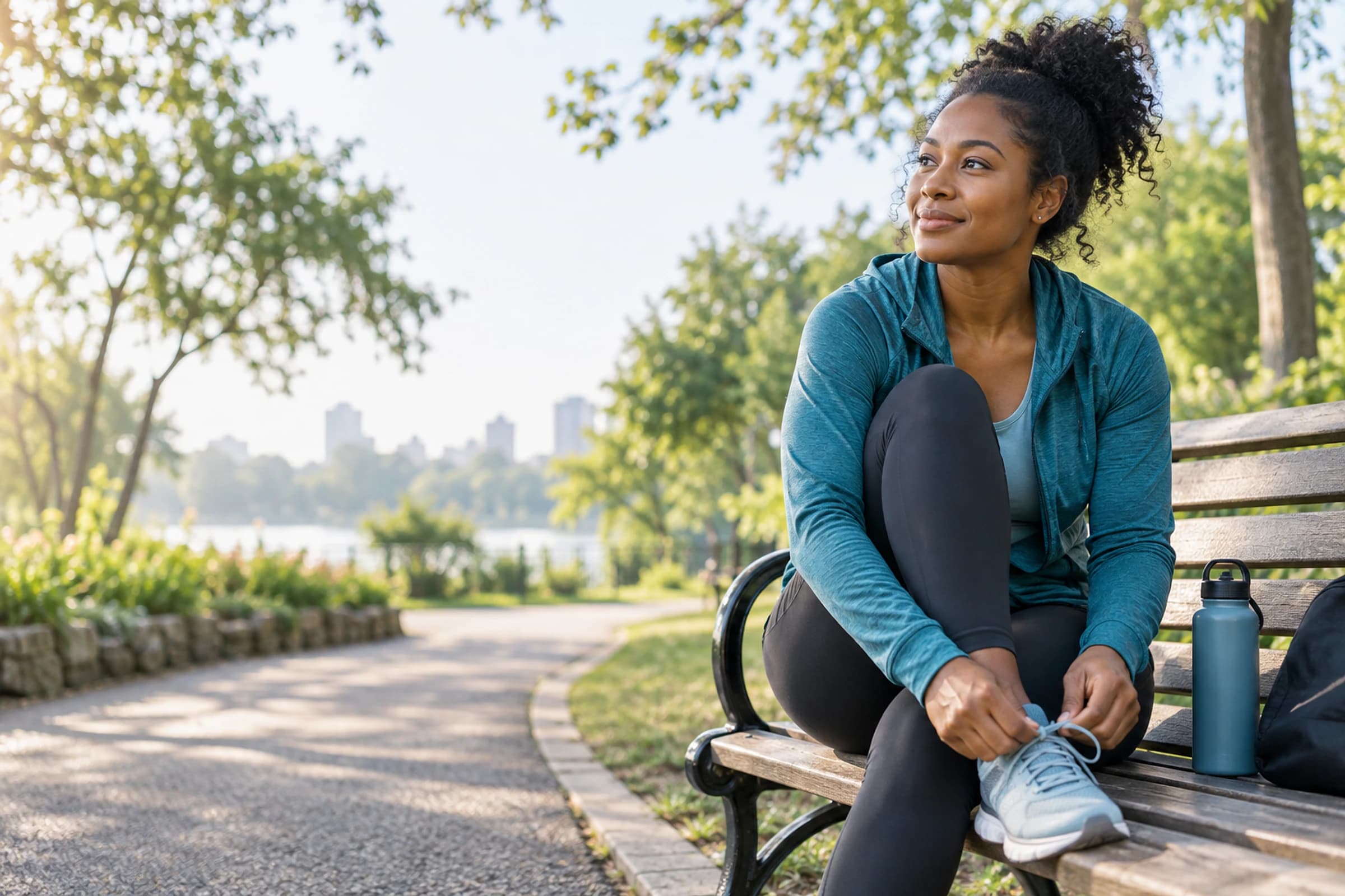 Woman tying her running shoes before a morning walk in the park