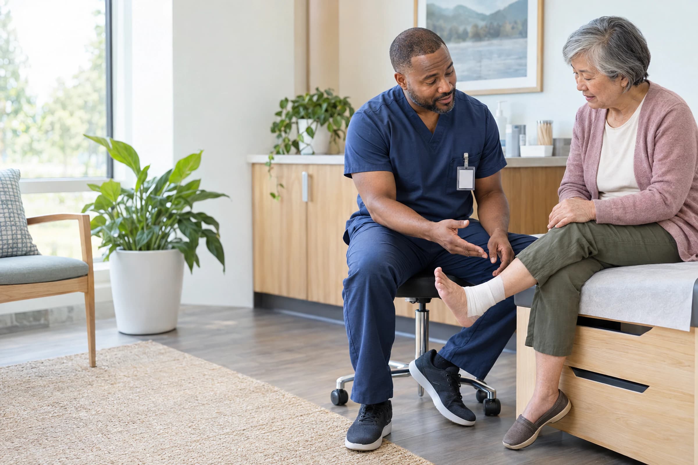 Wound-care clinician discussing a clean ankle bandage with a patient
