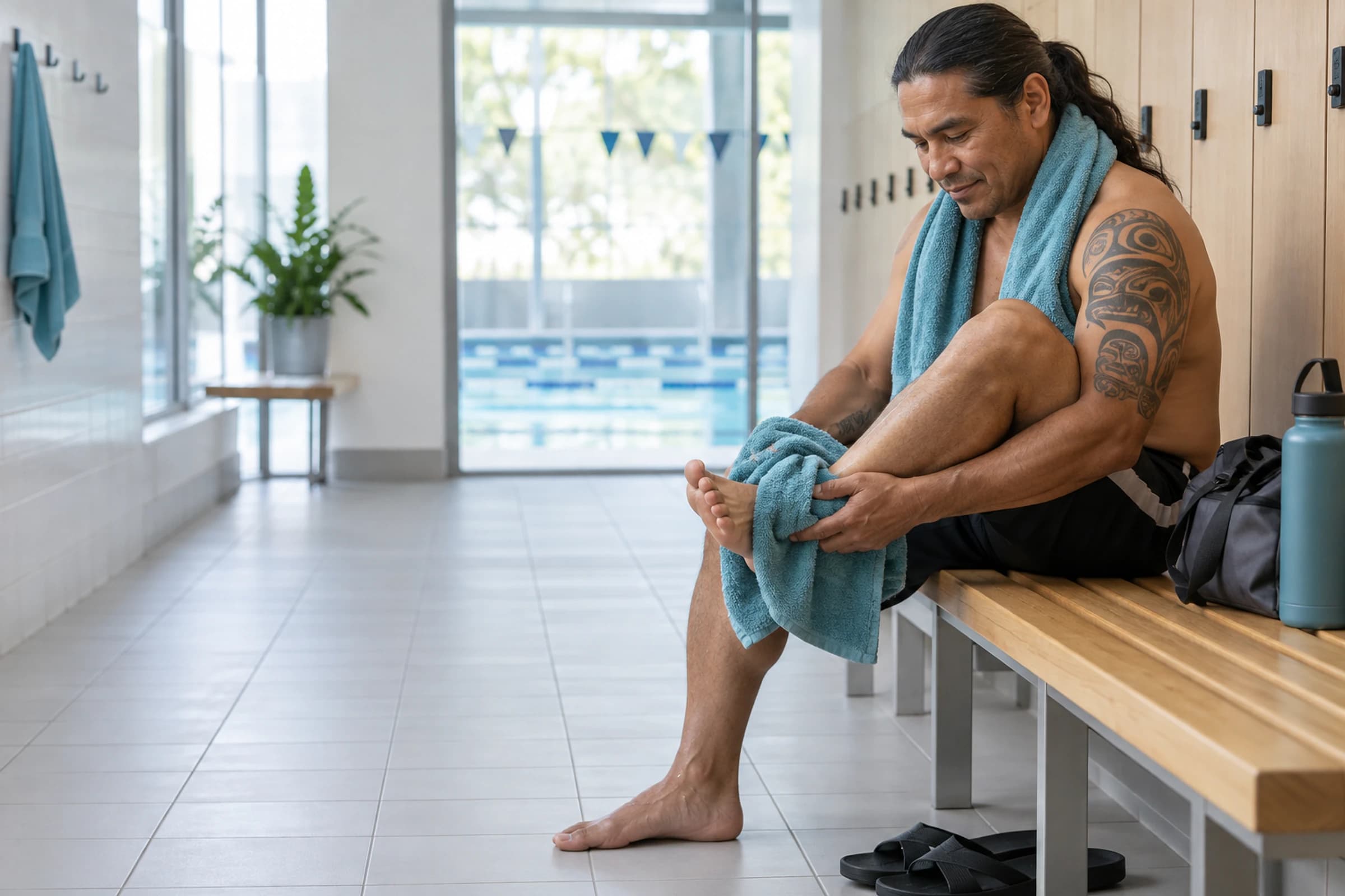 Swimmer drying his foot after activity at a clean indoor pool