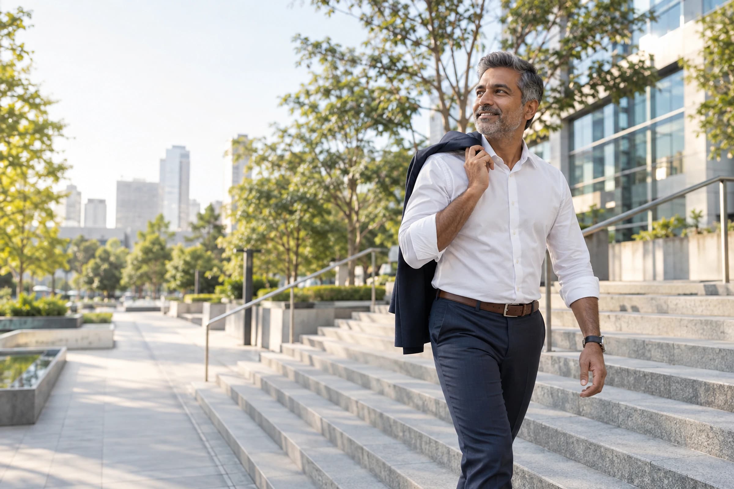 Professional taking a brisk daylight walk through a city plaza
