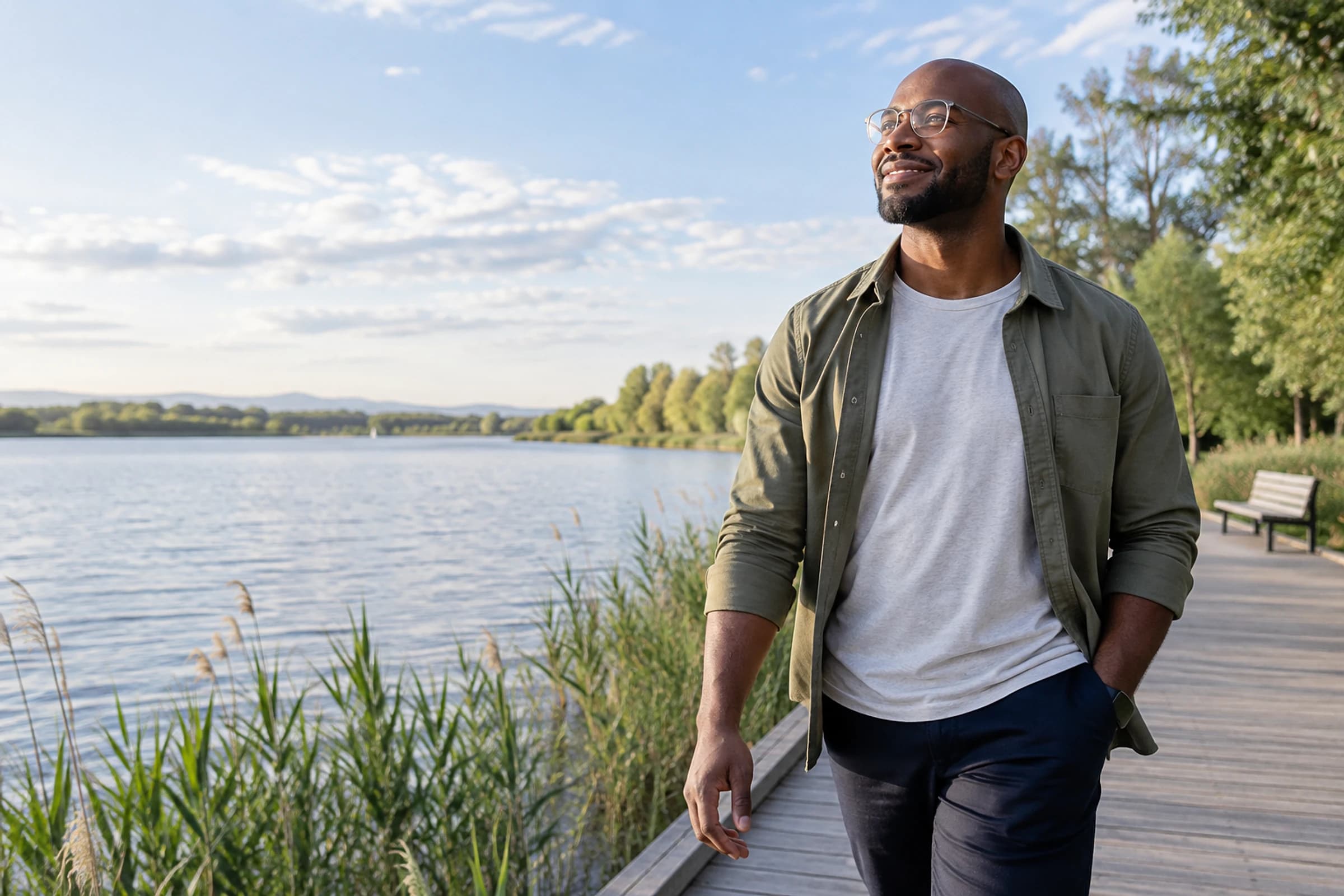 Man taking a restorative daylight walk beside a lake