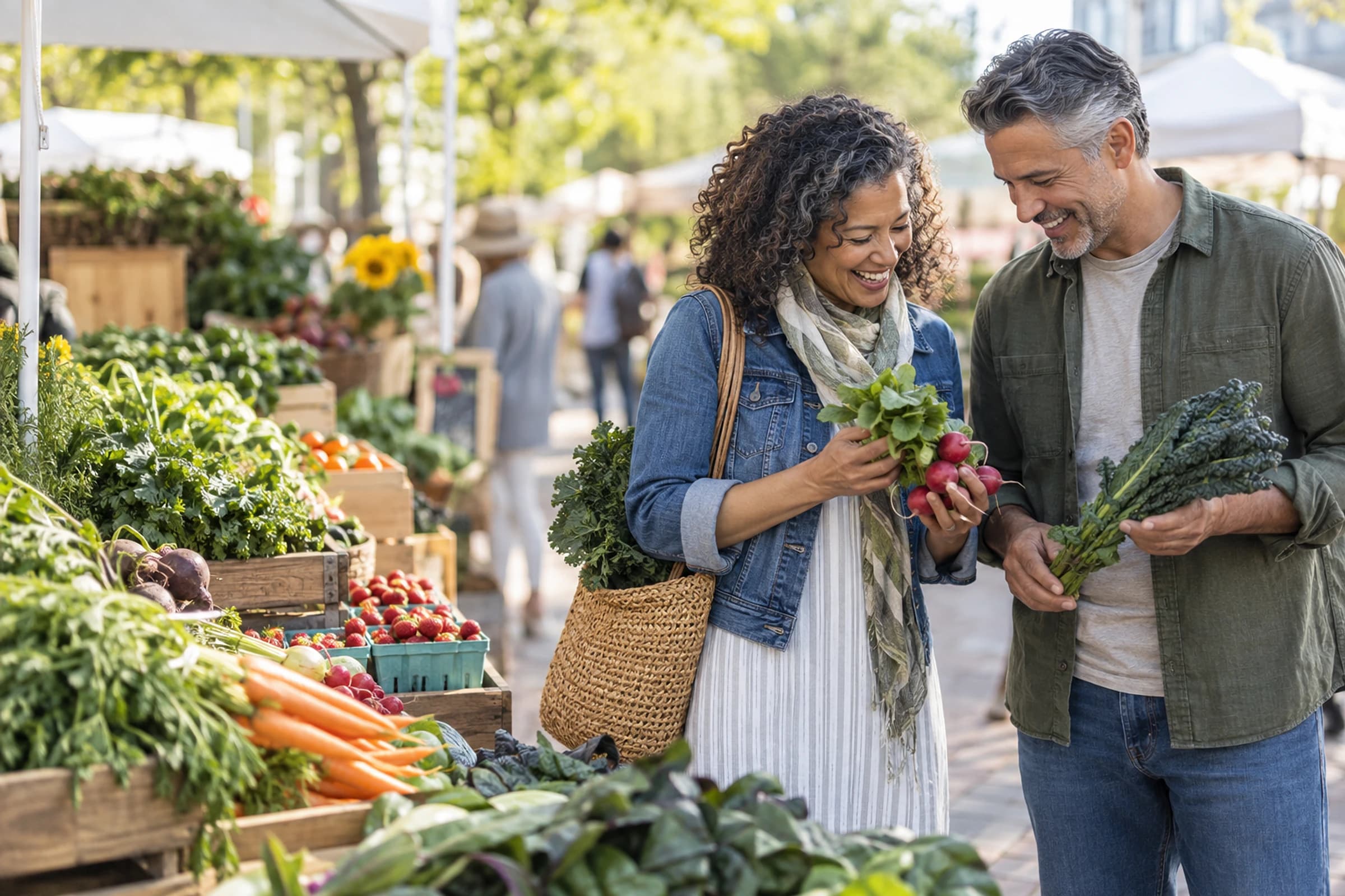 Couple choosing seasonal vegetables at an open-air market
