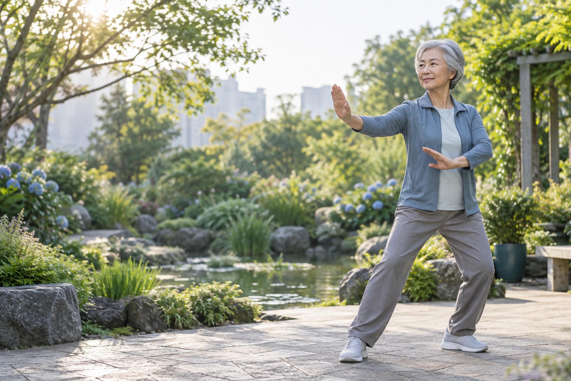 Older woman practicing tai chi in a peaceful community garden