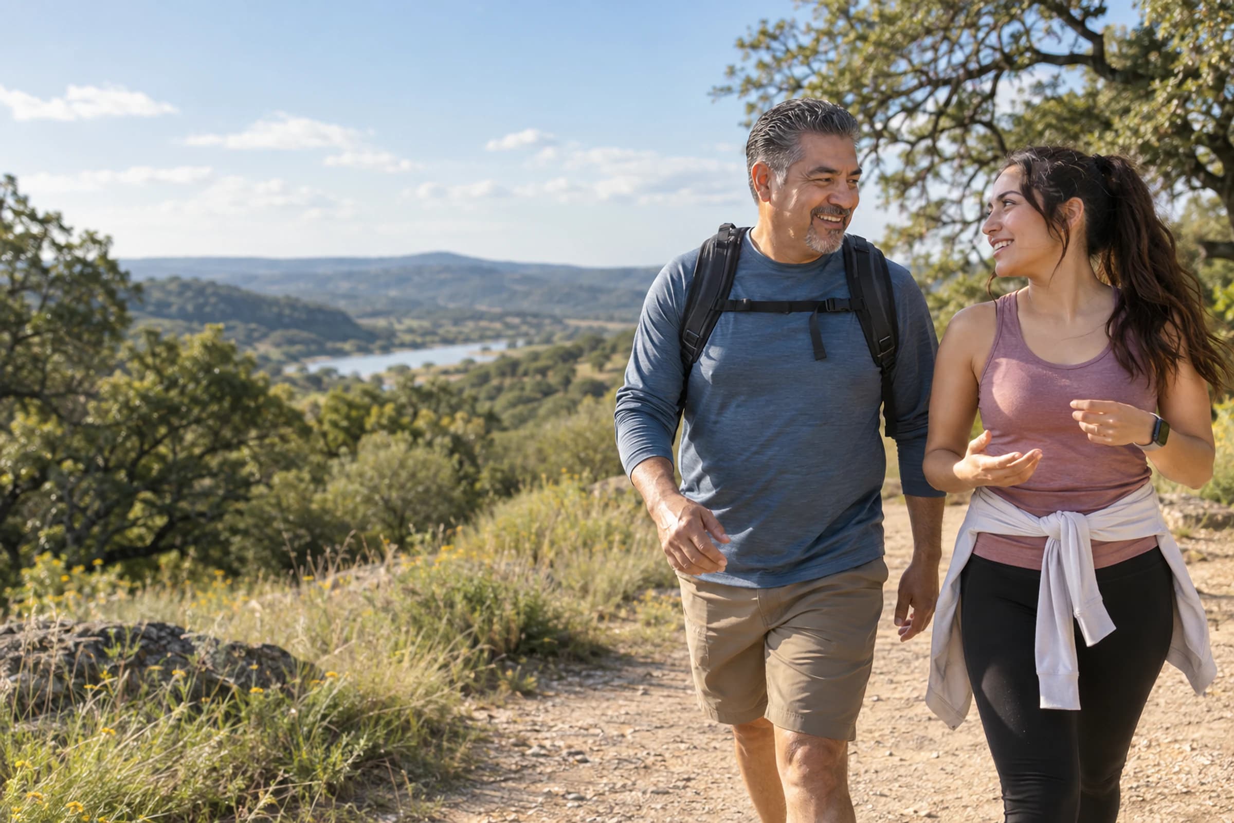 Father and adult daughter walking together on a nature trail