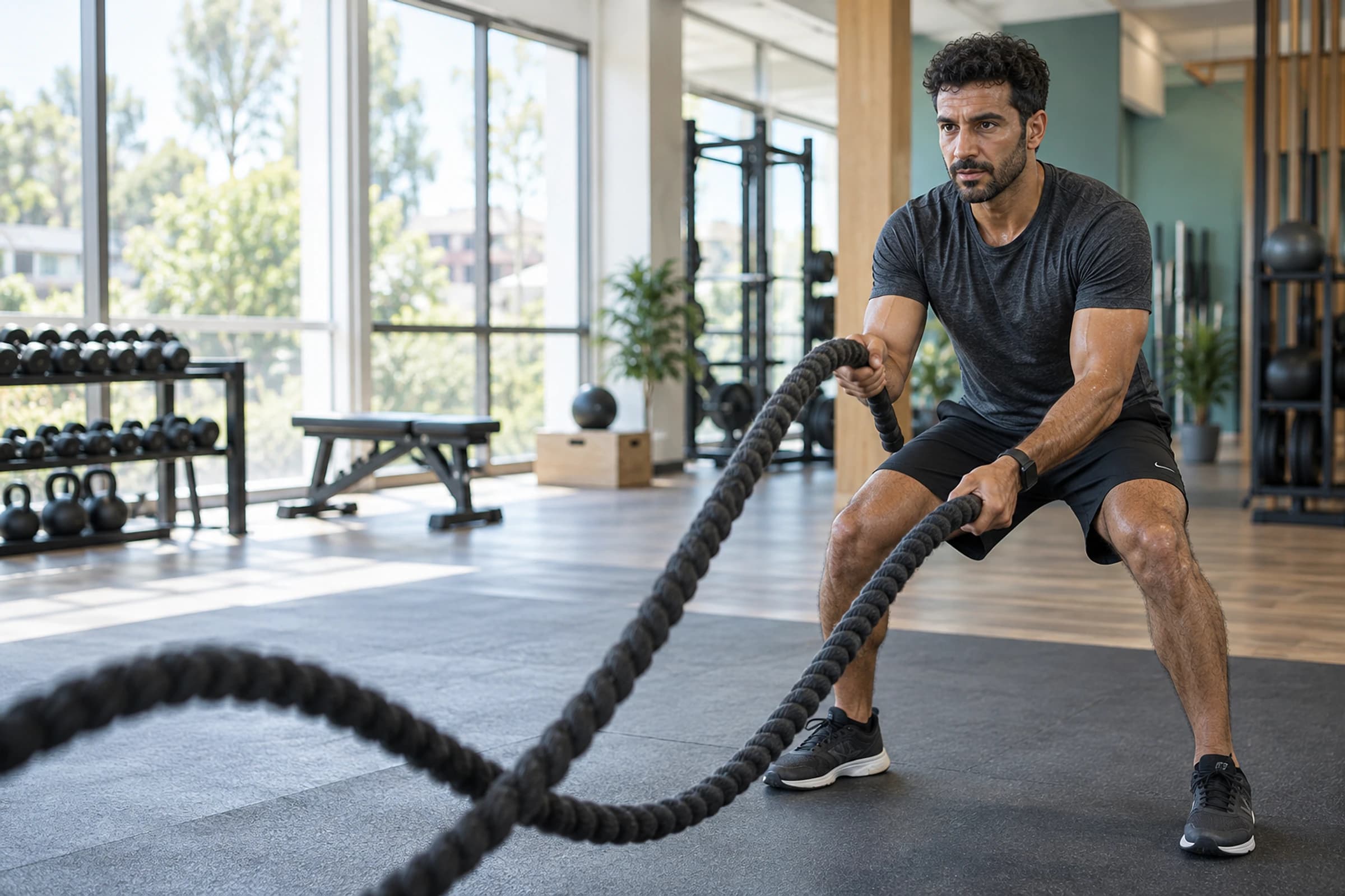 Man completing a focused battle-rope workout in a bright gym