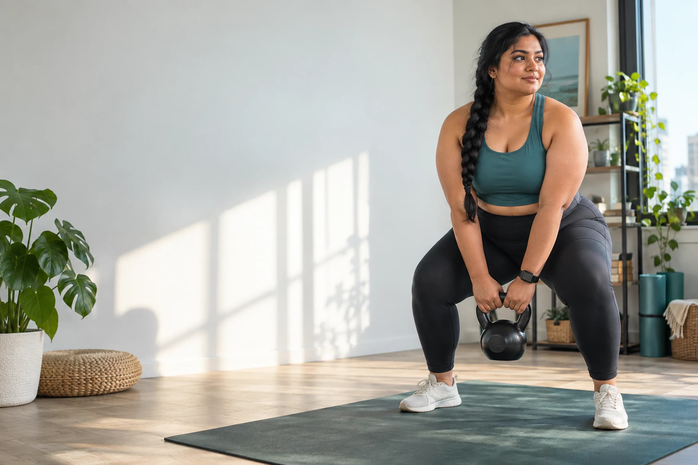 Woman completing a kettlebell workout in a bright home studio