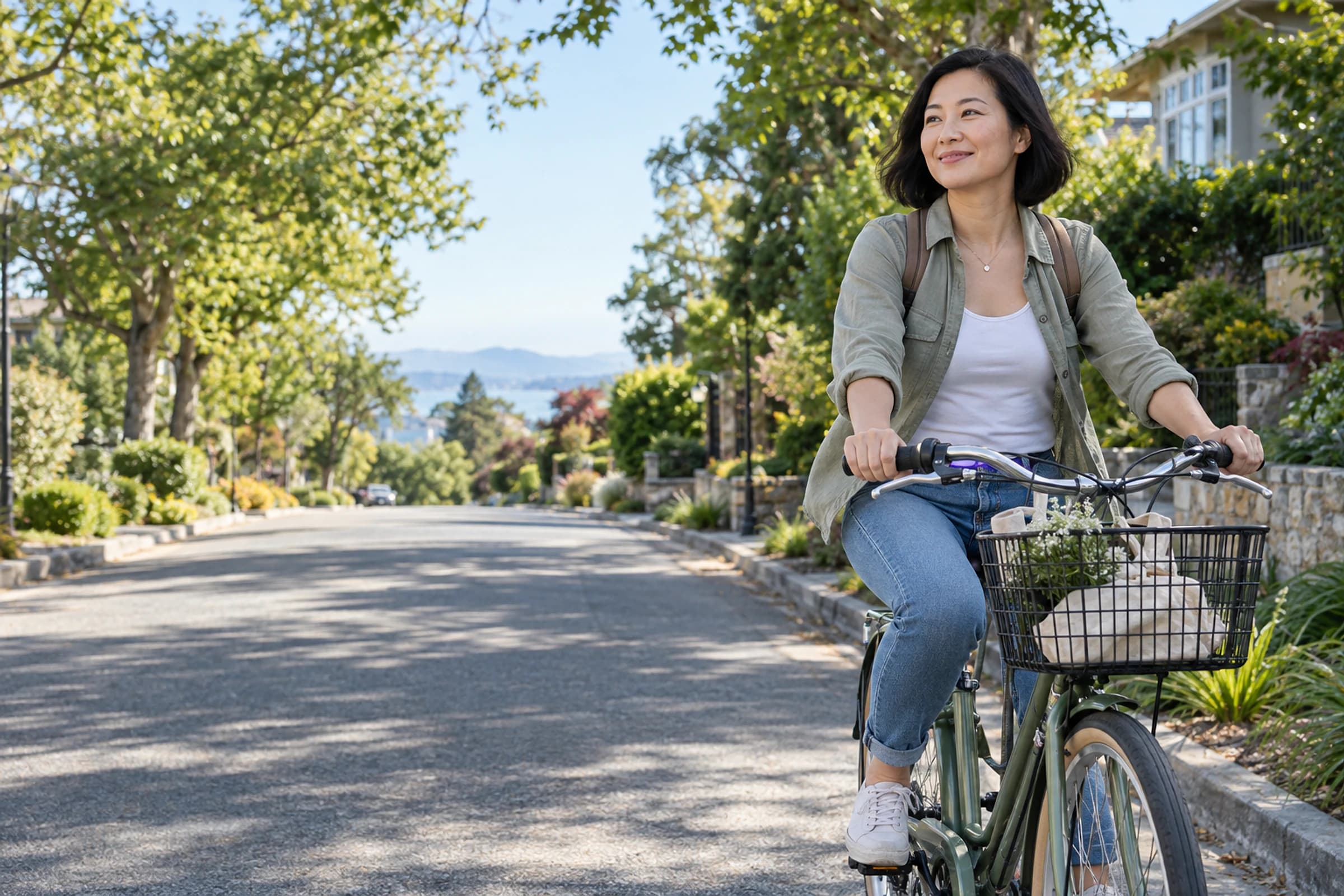 Woman cycling through a quiet tree-lined neighborhood