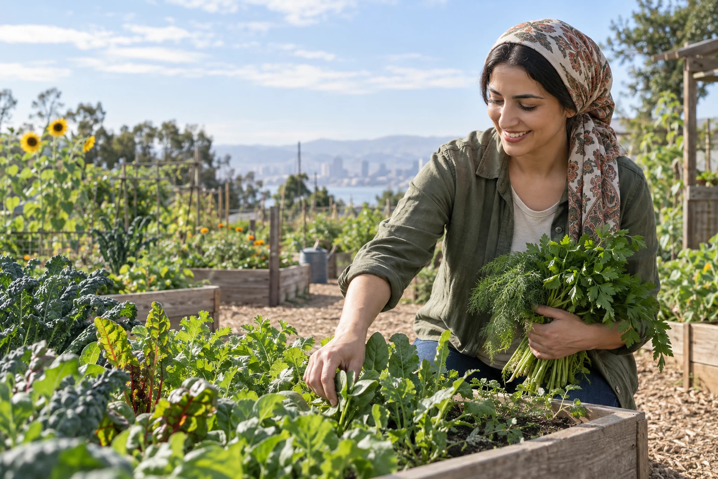 Woman harvesting leafy greens and herbs in a community garden