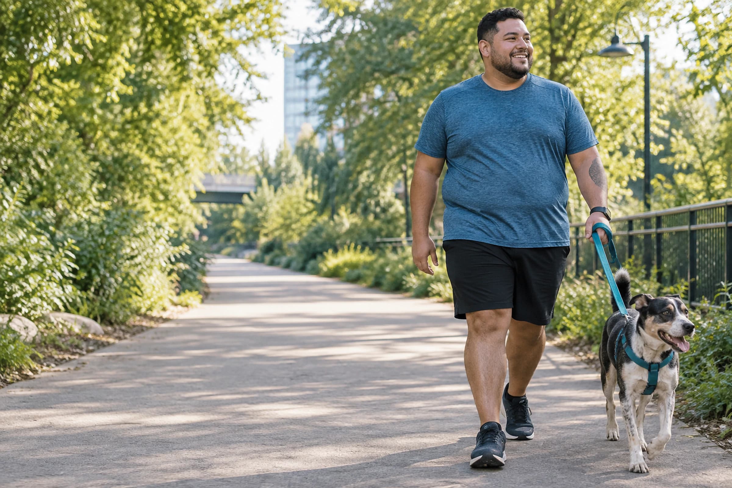 Man walking his dog along a leafy neighborhood greenway