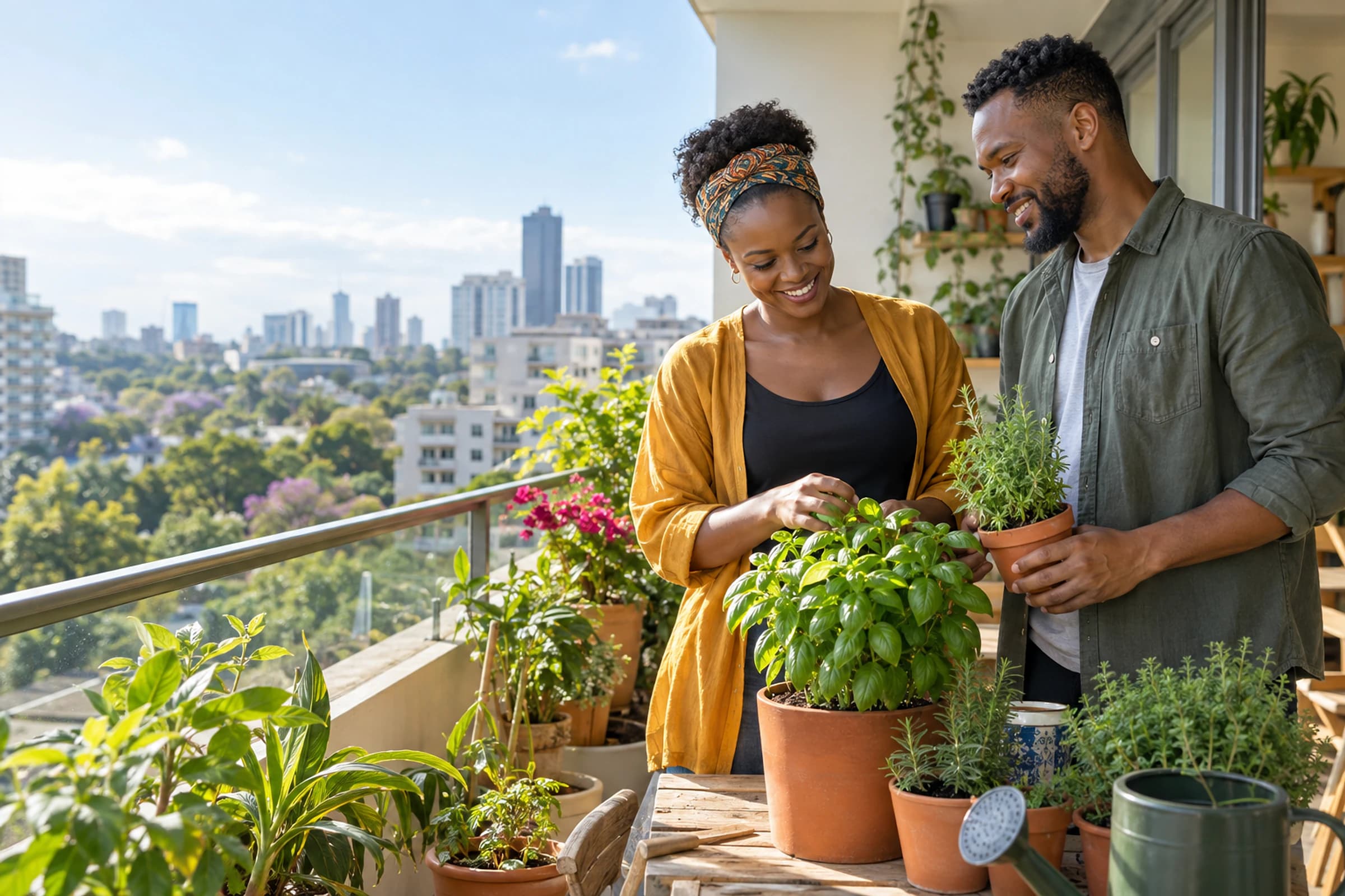 Couple tending herbs together in a sunny balcony garden