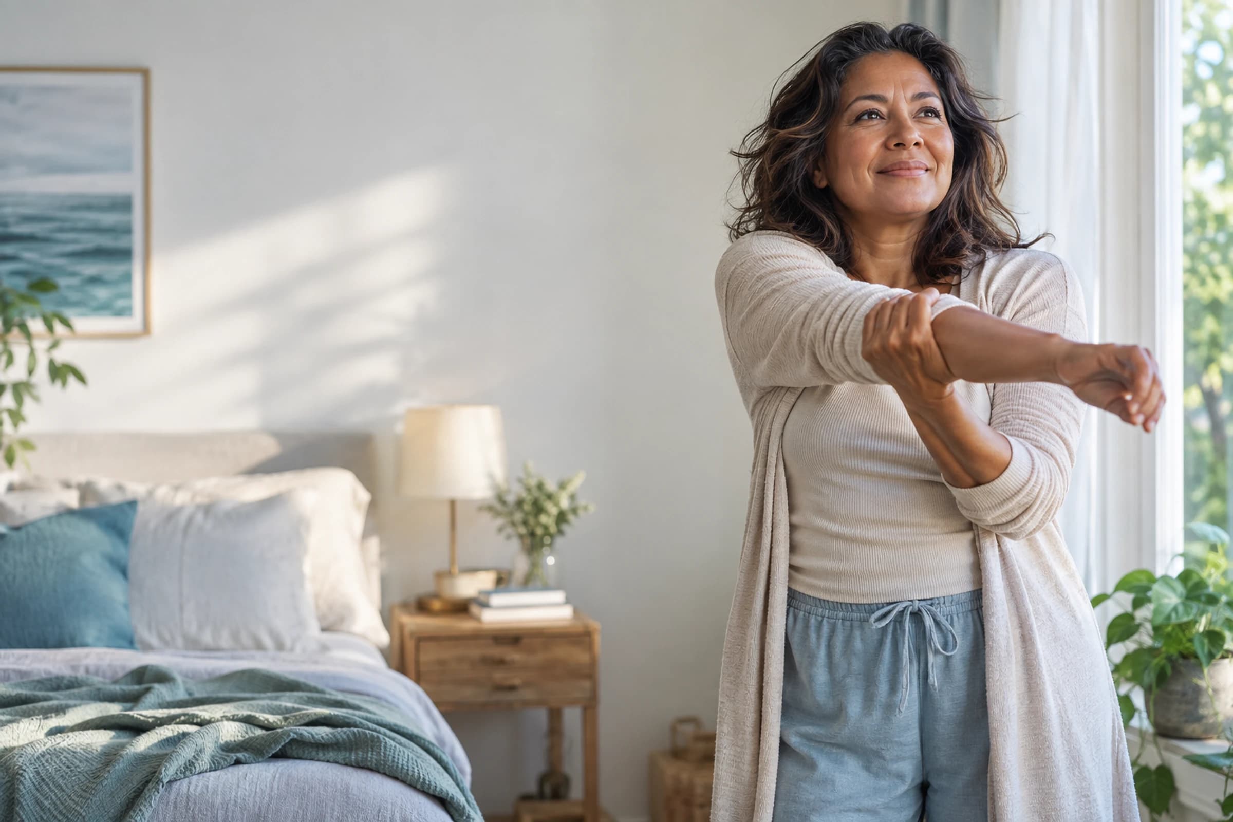 Woman stretching beside a sunlit bedroom window