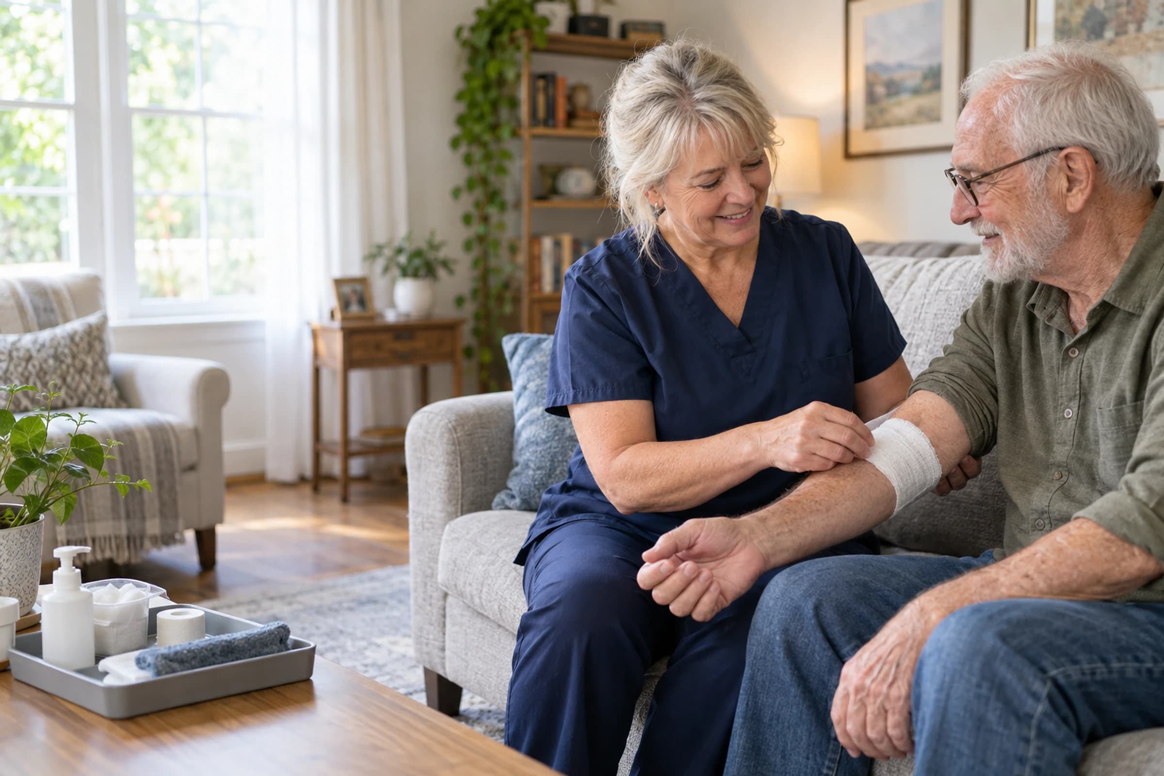 Nurse gently rewrapping a clean forearm bandage during a home visit