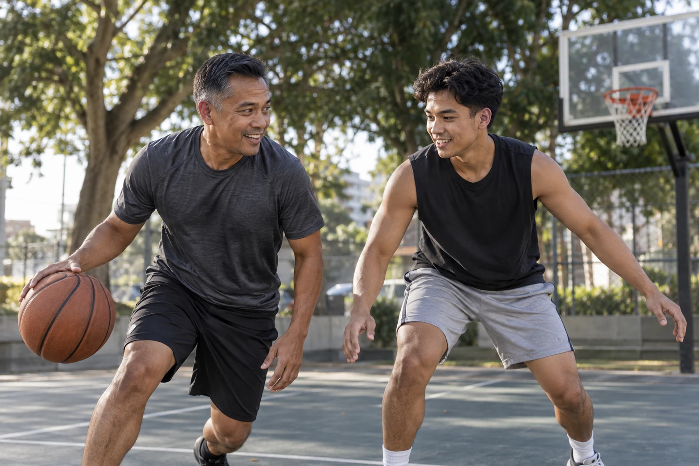 Father and adult son playing basketball on an outdoor court