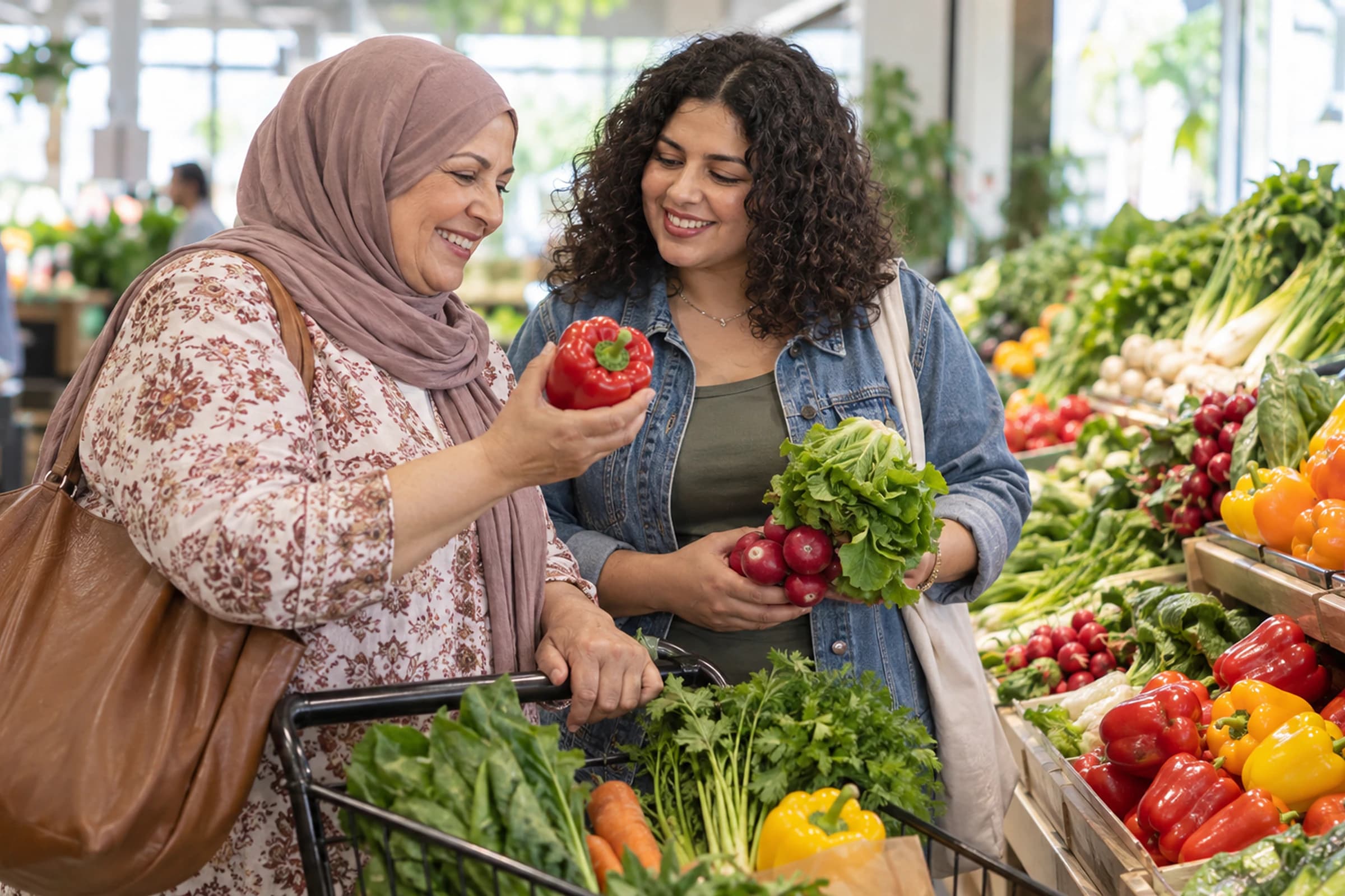 Mother and adult daughter choosing vegetables at a market