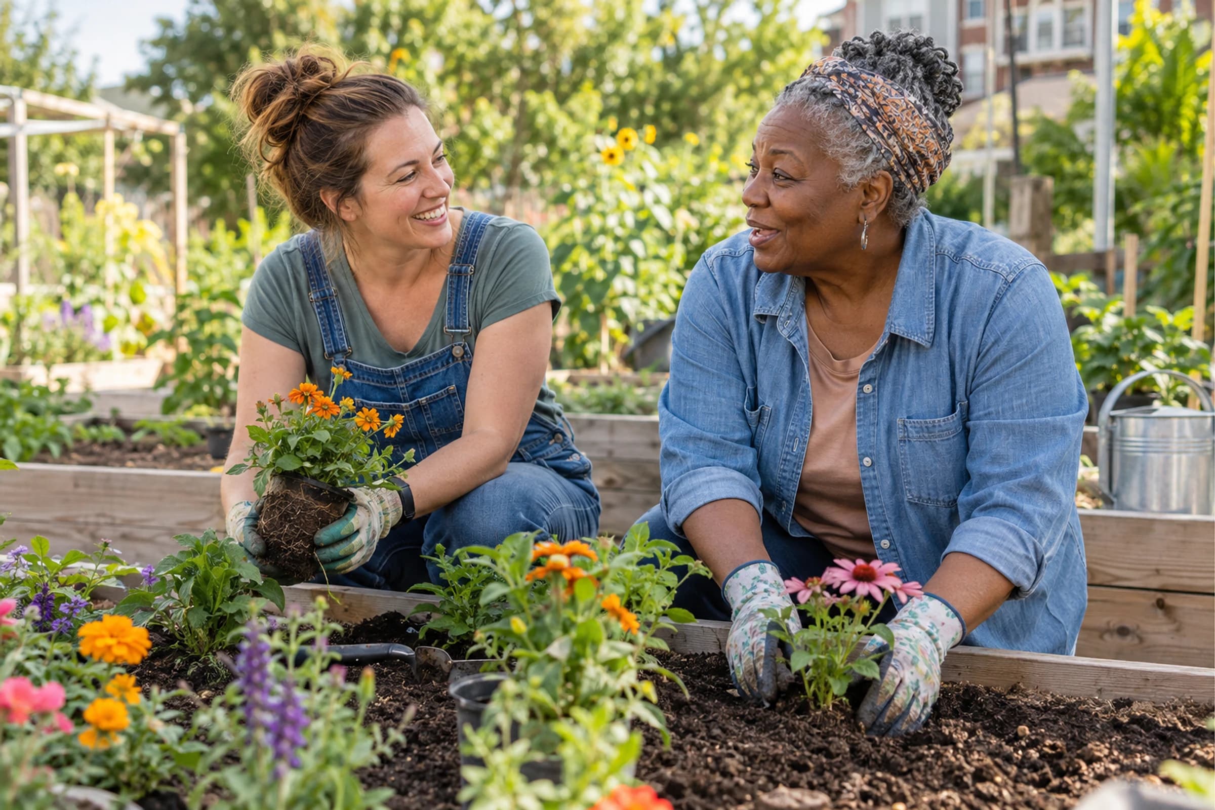 Neighbors planting flowers together in a community garden
