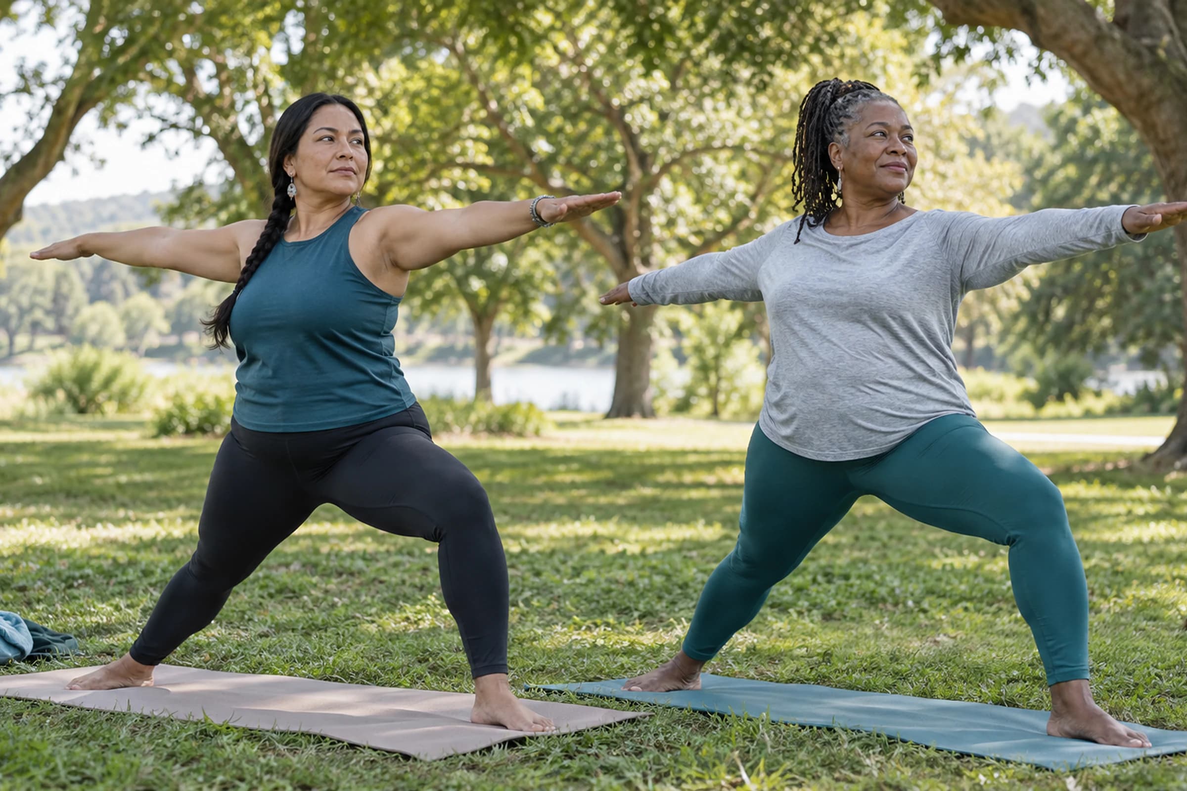 Two women practicing yoga together in a shaded park
