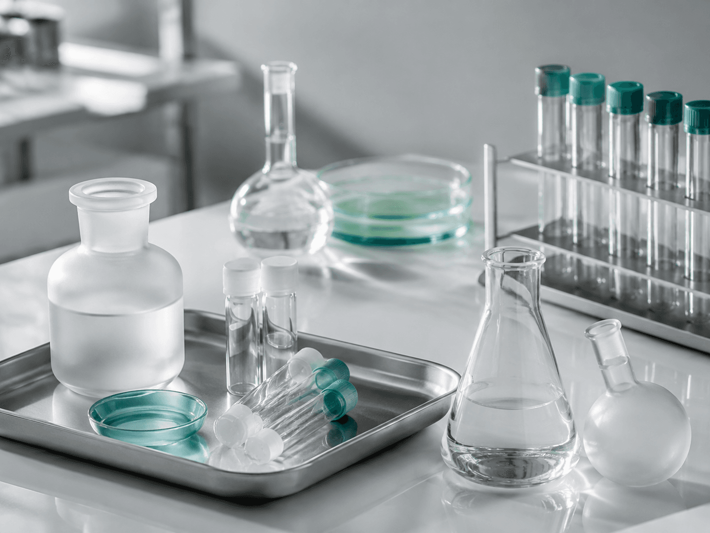 Laboratory glassware and specimen tubes arranged on a silver clinical work surface